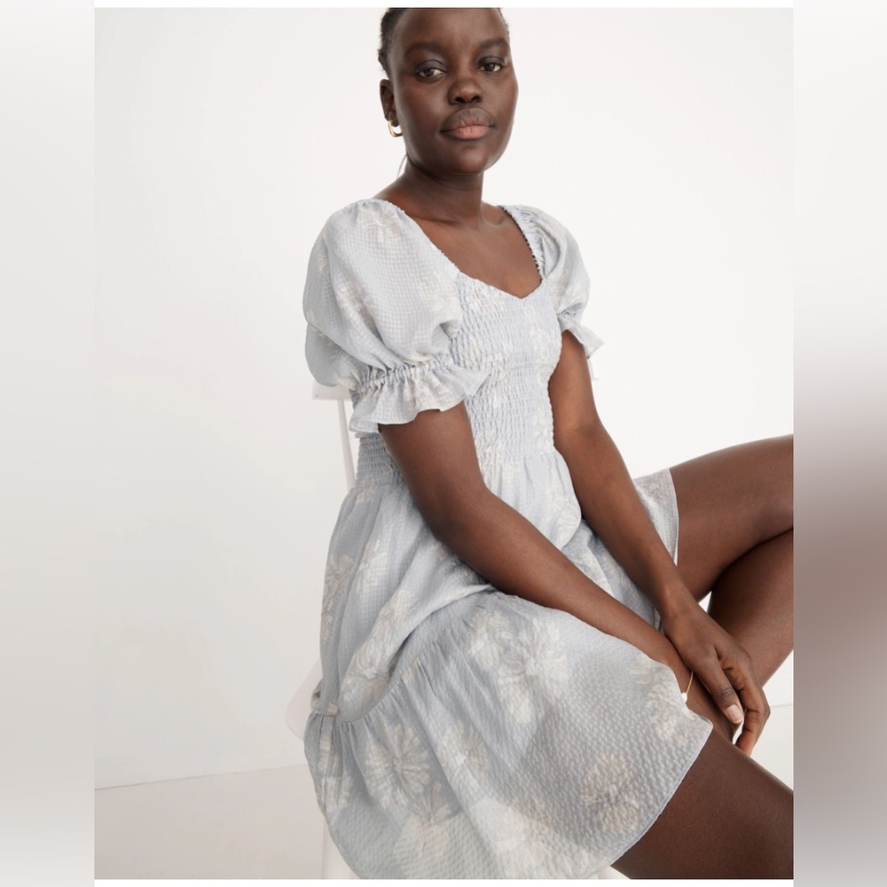Madewell Light Blue Floral Puff-Sleeve Mini Dress